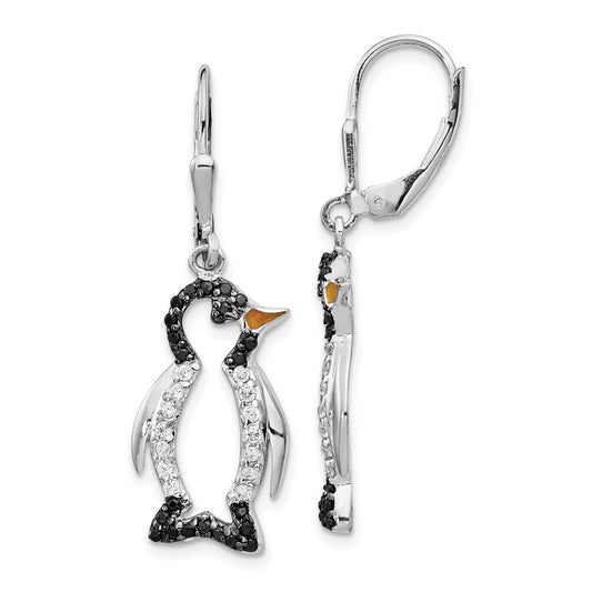Sterling Silver Cheryl M Rhodium-Plated With Black Rhodium Accent Enameled Brilliant-Cut And White Cz Penguin Leverback Dangle Earrings