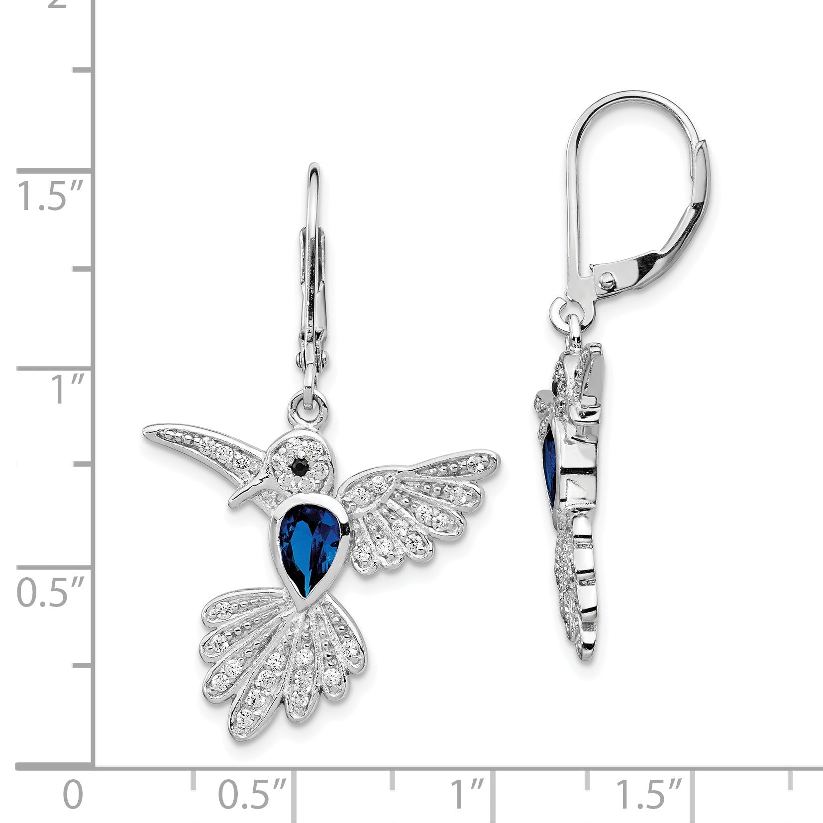Sterling Silver Cheryl M Rhodium-Plated Brilliant-Cut Lab Created Dark Blue Spinel And White Cz Hummingbird Leverback Dangle Earrings