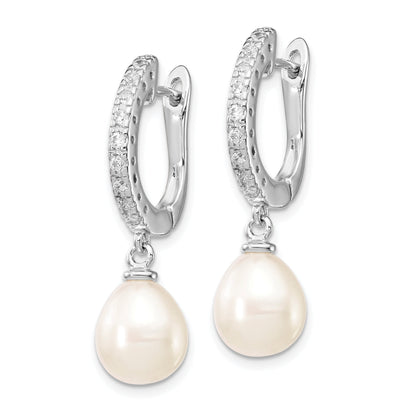 Sterling Silver Cheryl M Rhodium-Plated Freshwater Cultured Pearl And Brilliant-Cut Cz Dangle Earrings