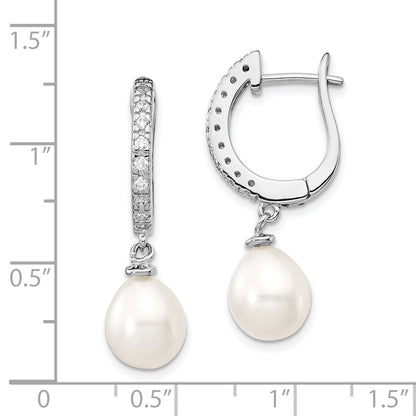 Sterling Silver Cheryl M Rhodium-Plated Freshwater Cultured Pearl And Brilliant-Cut Cz Dangle Earrings