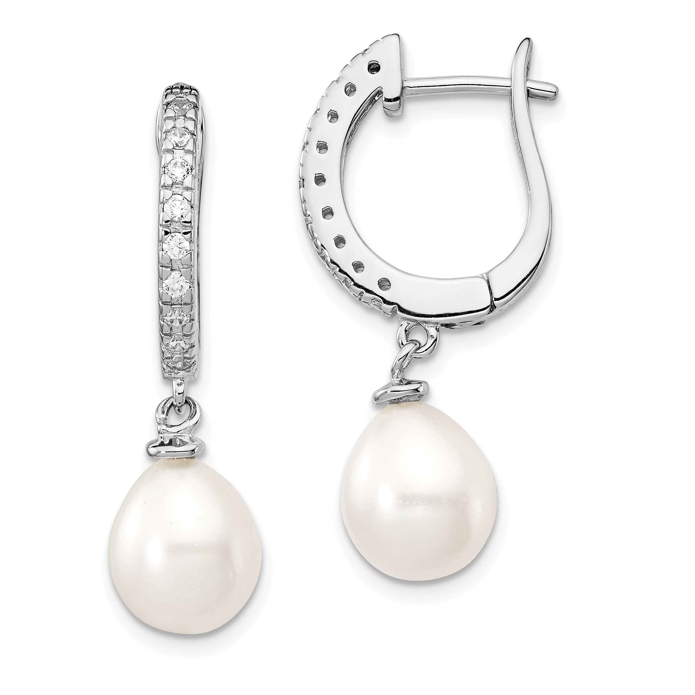 Sterling Silver Cheryl M Rhodium-Plated Freshwater Cultured Pearl And Brilliant-Cut Cz Dangle Earrings