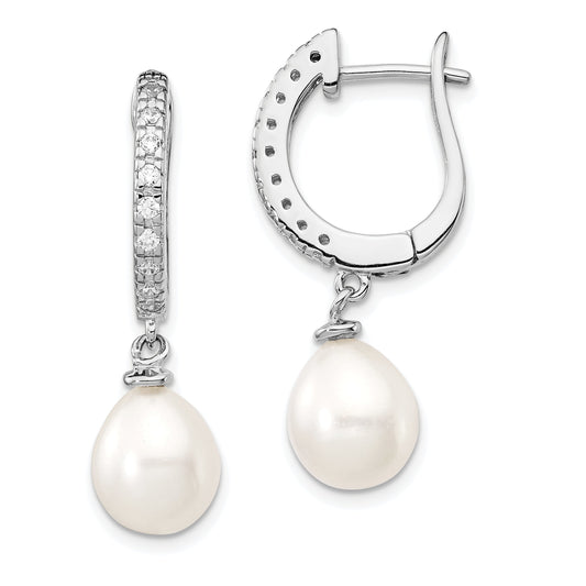 Sterling Silver Cheryl M Rhodium-Plated Freshwater Cultured Pearl And Brilliant-Cut Cz Dangle Earrings