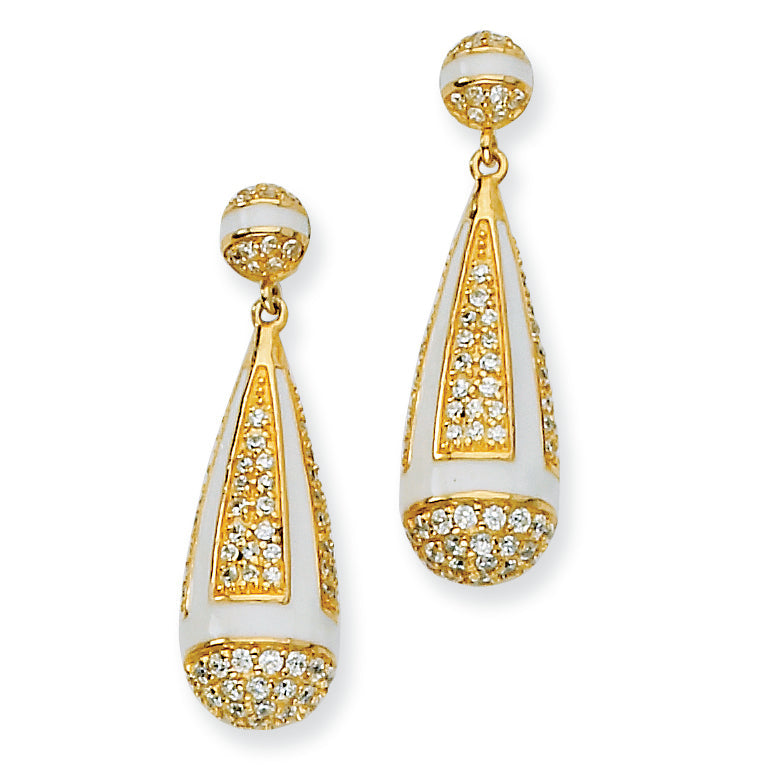 Sterling Silver Cz Gold-Plated Enamel Dangle Post Earrings