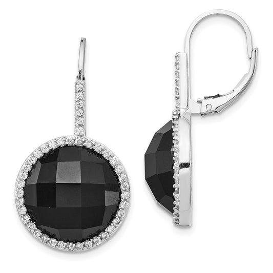 Sterling Silver Cheryl M Rhodium-Plated Checker-Cut Onyx And Brilliant-Cut White Cz Round Halo Dangle Leverback Earrings