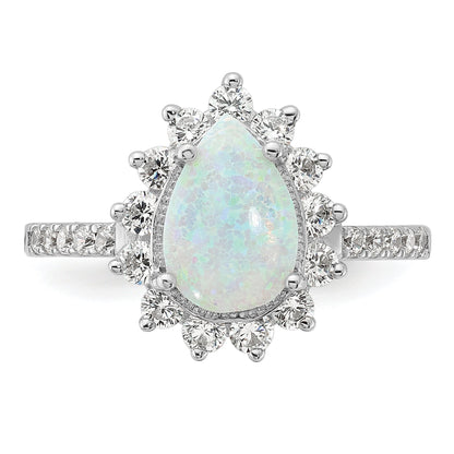 Sterling Silver Cheryl M Rhodium-Plated Cabochon Lab Created Opal And Brilliant-Cut Cz Teardrop Halo Ring