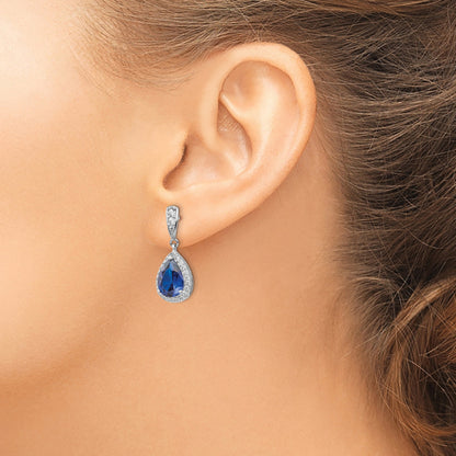 Sterling Silver Cheryl M Rhodium-Plated Brilliant-Cut Lab Created Dark Blue Spinel And White Cz Teardrop Post Dangle Earrings