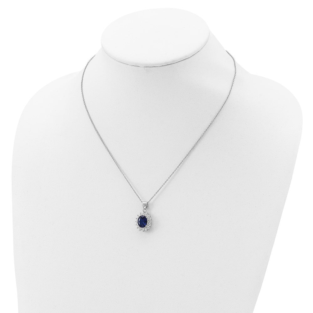 Sterling Silver Cheryl M Rhodium-Plated Brilliant-Cut Lab Created Dark Blue Spinel And White Cz Oval Halo 18 Inch Necklace
