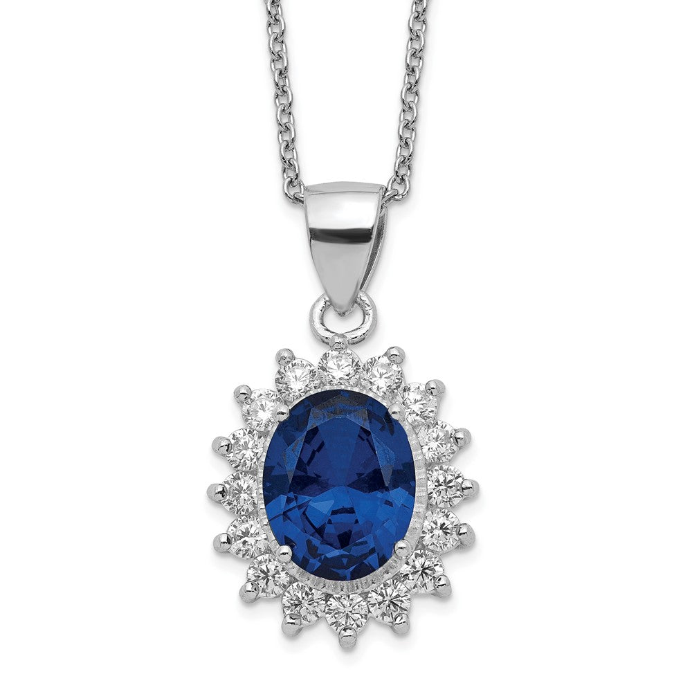 Sterling Silver Cheryl M Rhodium-Plated Brilliant-Cut Lab Created Dark Blue Spinel And White Cz Oval Halo 18 Inch Necklace