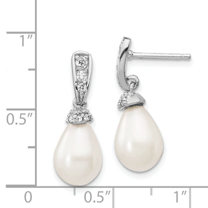 Sterling Silver Cheryl M Rhodium-Plated Teardrop White Freshwater Cultured Pearl And Brilliant-Cut Cz Post Dangle Earrings