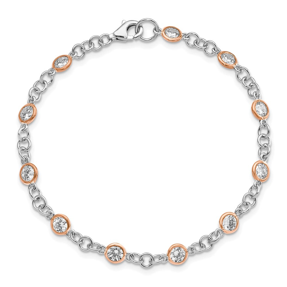 Sterling Silver Cheryl M Rhodium-Plated And Rose Gold-Plated Accent Brilliant-Cut Cz Bezel 11 Station 7.25 Inch Bracelet