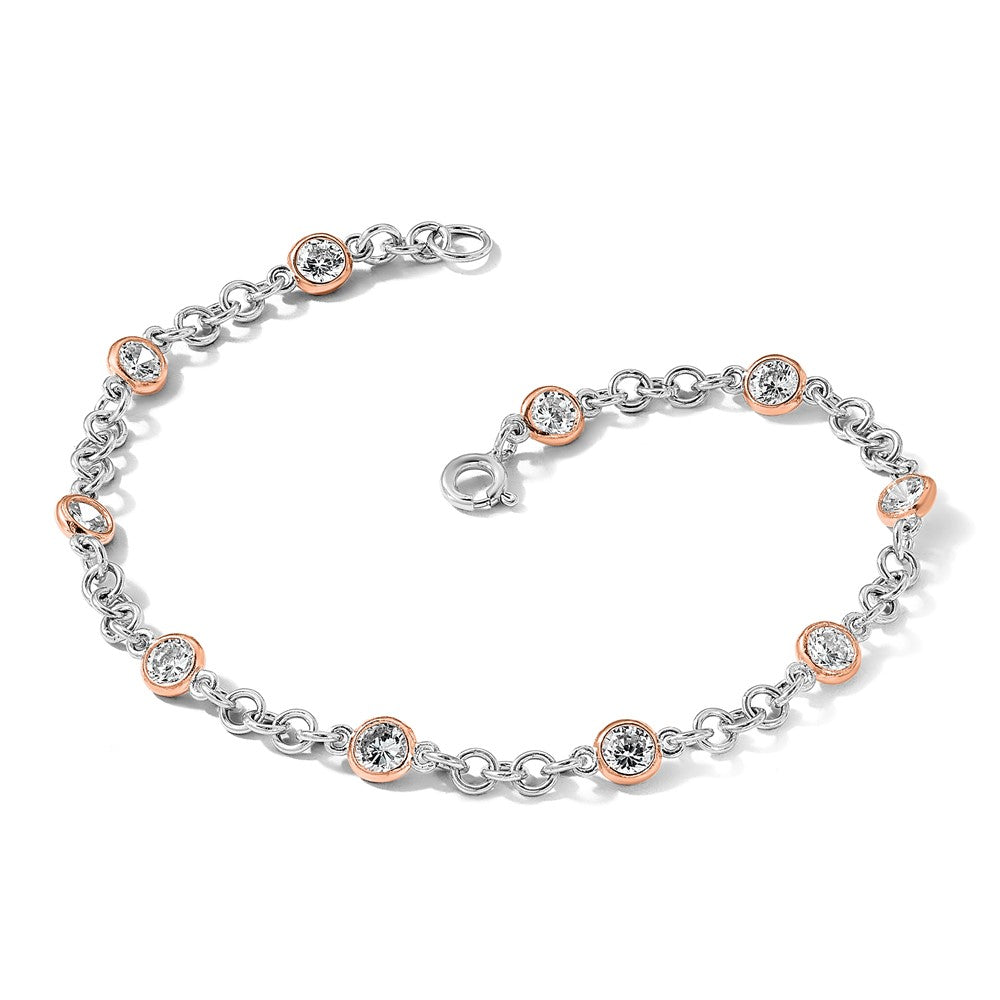 Sterling Silver Cheryl M Rhodium-Plated And Rose Gold-Plated Accent Brilliant-Cut Cz Bezel 11 Station 7.25 Inch Bracelet