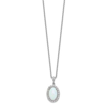 Sterling Silver Cheryl M Rhodium-Plated Cabochon Lab Created Opal And Brilliant-Cut Cz Oval Halo 18 Inch Necklace