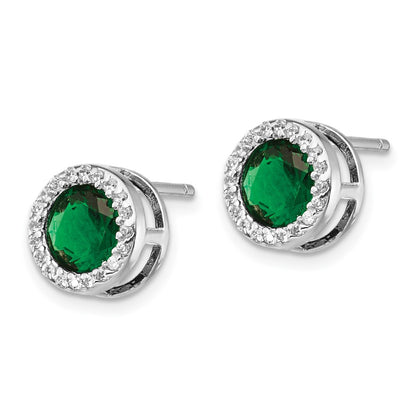 Sterling Silver Cheryl M Rhodium-Plated Brilliant-Cut Green Glass And White Cz Halo Post Earrings