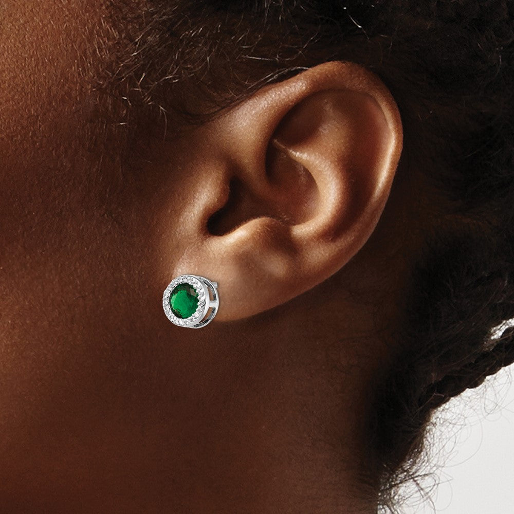 Sterling Silver Cheryl M Rhodium-Plated Brilliant-Cut Green Glass And White Cz Halo Post Earrings