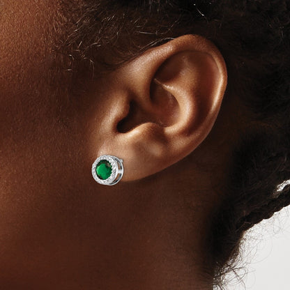 Sterling Silver Cheryl M Rhodium-Plated Brilliant-Cut Green Glass And White Cz Halo Post Earrings