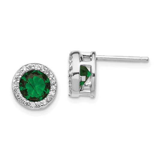 Sterling Silver Cheryl M Rhodium-Plated Brilliant-Cut Green Glass And White Cz Halo Post Earrings
