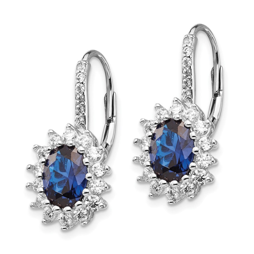Sterling Silver Cheryl M Rhodium-Plated Brilliant-Cut Lab Created Dark Blue Spinel And White Cz Oval Halo Leverback Earrings