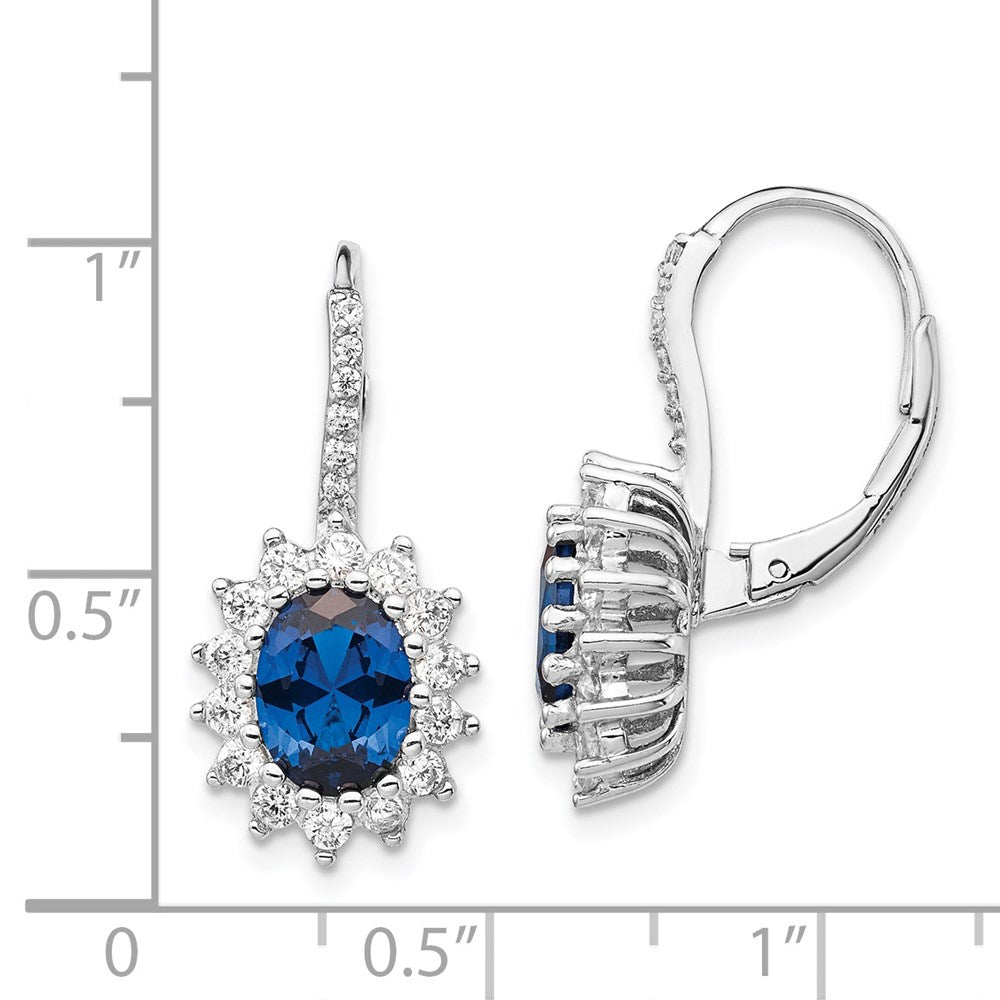 Sterling Silver Cheryl M Rhodium-Plated Brilliant-Cut Lab Created Dark Blue Spinel And White Cz Oval Halo Leverback Earrings