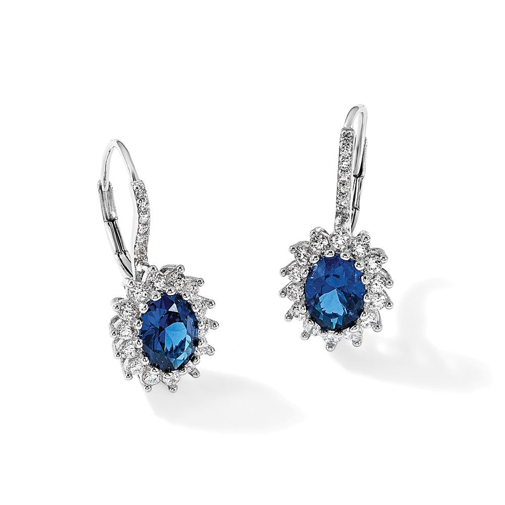 Sterling Silver Cheryl M Rhodium-Plated Brilliant-Cut Lab Created Dark Blue Spinel And White Cz Oval Halo Leverback Earrings
