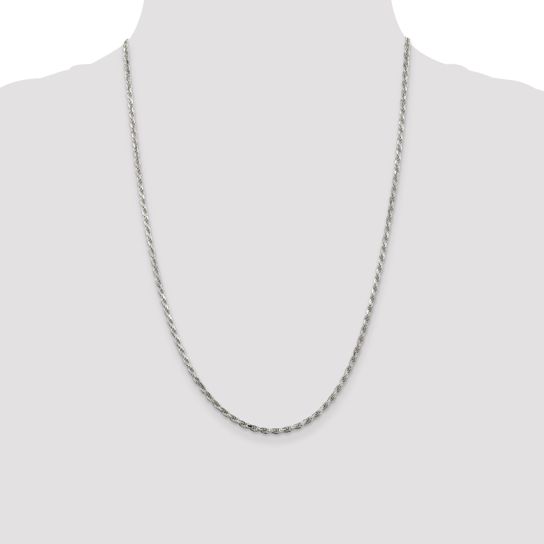 24 Inch Sterling Silver Rhodium-Plated 2.5mm Diamond-Cut Rope Chain Necklace