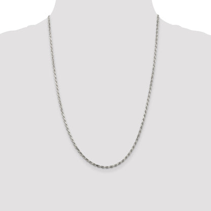 24 Inch Sterling Silver Rhodium-Plated 2.5mm Diamond-Cut Rope Chain Necklace