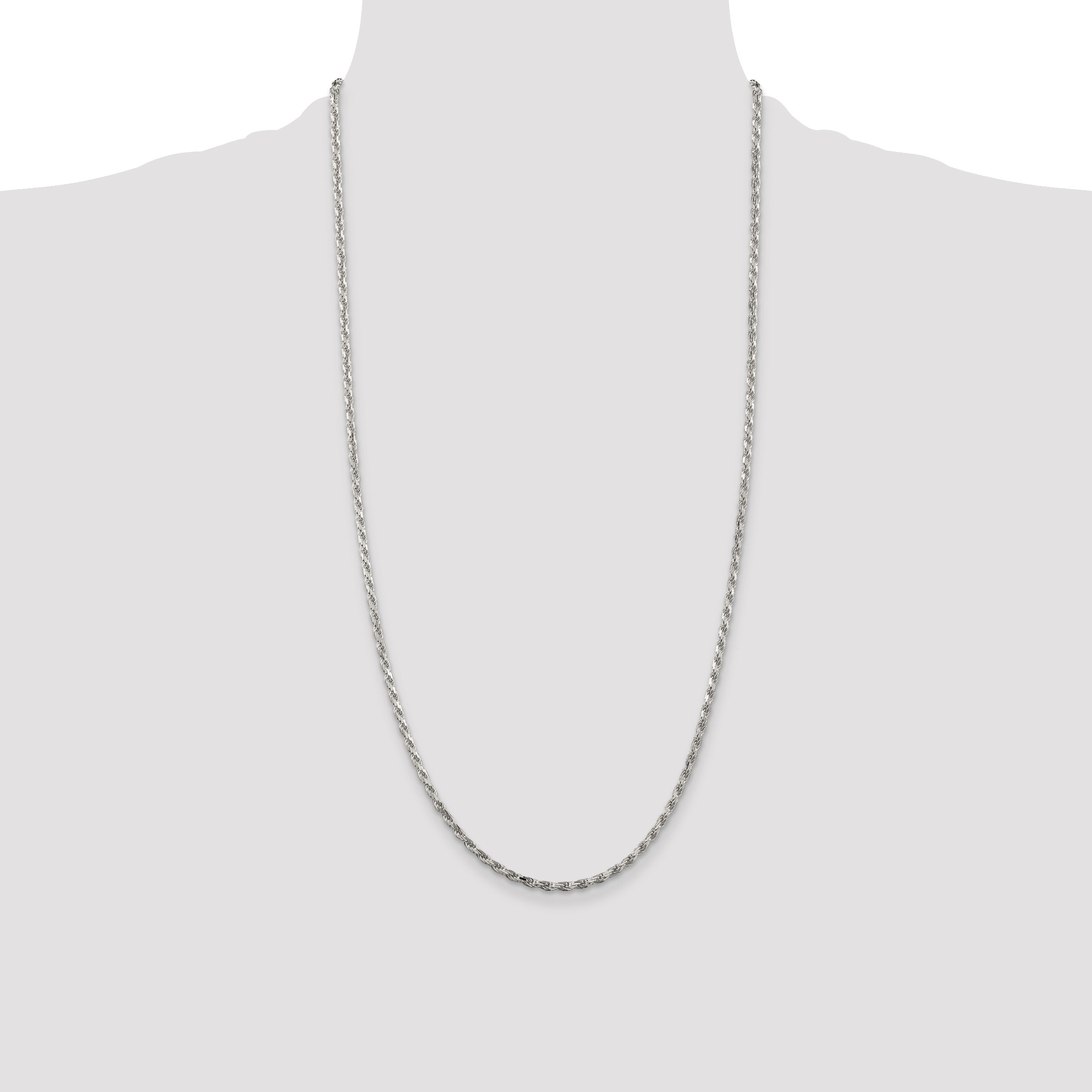 28 Inch Sterling Silver Rhodium-Plated 2.5mm Diamond-Cut Rope Chain Necklace