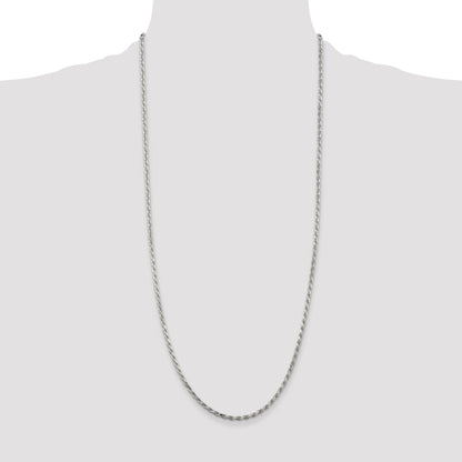 30 Inch Sterling Silver Rhodium-Plated 2.5mm Diamond-Cut Rope Chain Necklace