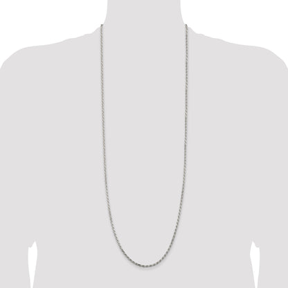 36 Inch Sterling Silver Rhodium-Plated 2.5mm Diamond-Cut Rope Chain Necklace