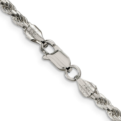 30 Inch Sterling Silver Rhodium-Plated 3.2mm Diamond-Cut Rope Chain Necklace