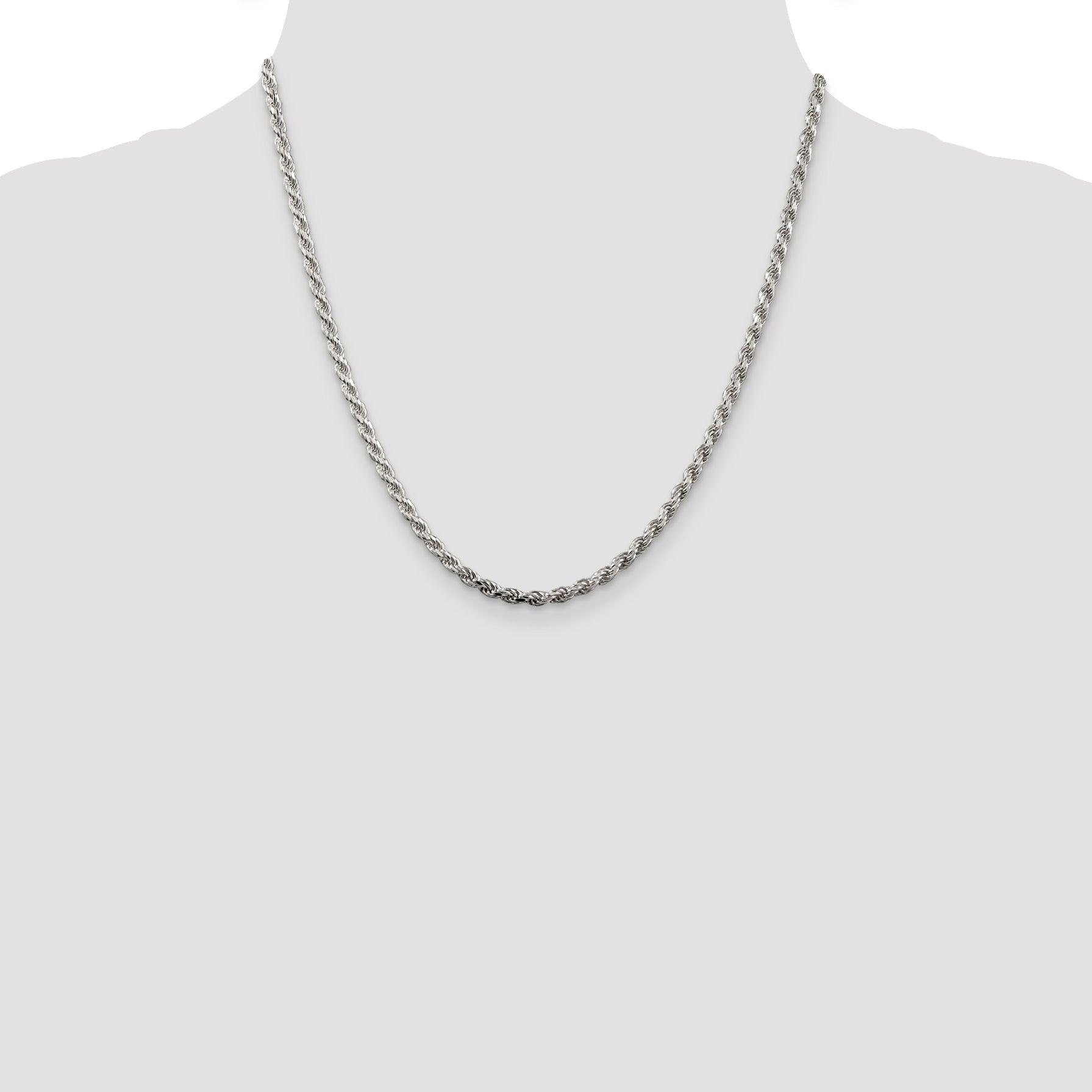20 Inch Sterling Silver Rhodium-Plated 3.2mm Diamond-Cut Rope Chain Necklace