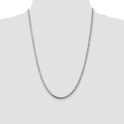 24 Inch Sterling Silver Rhodium-Plated 3.2mm Diamond-Cut Rope Chain Necklace