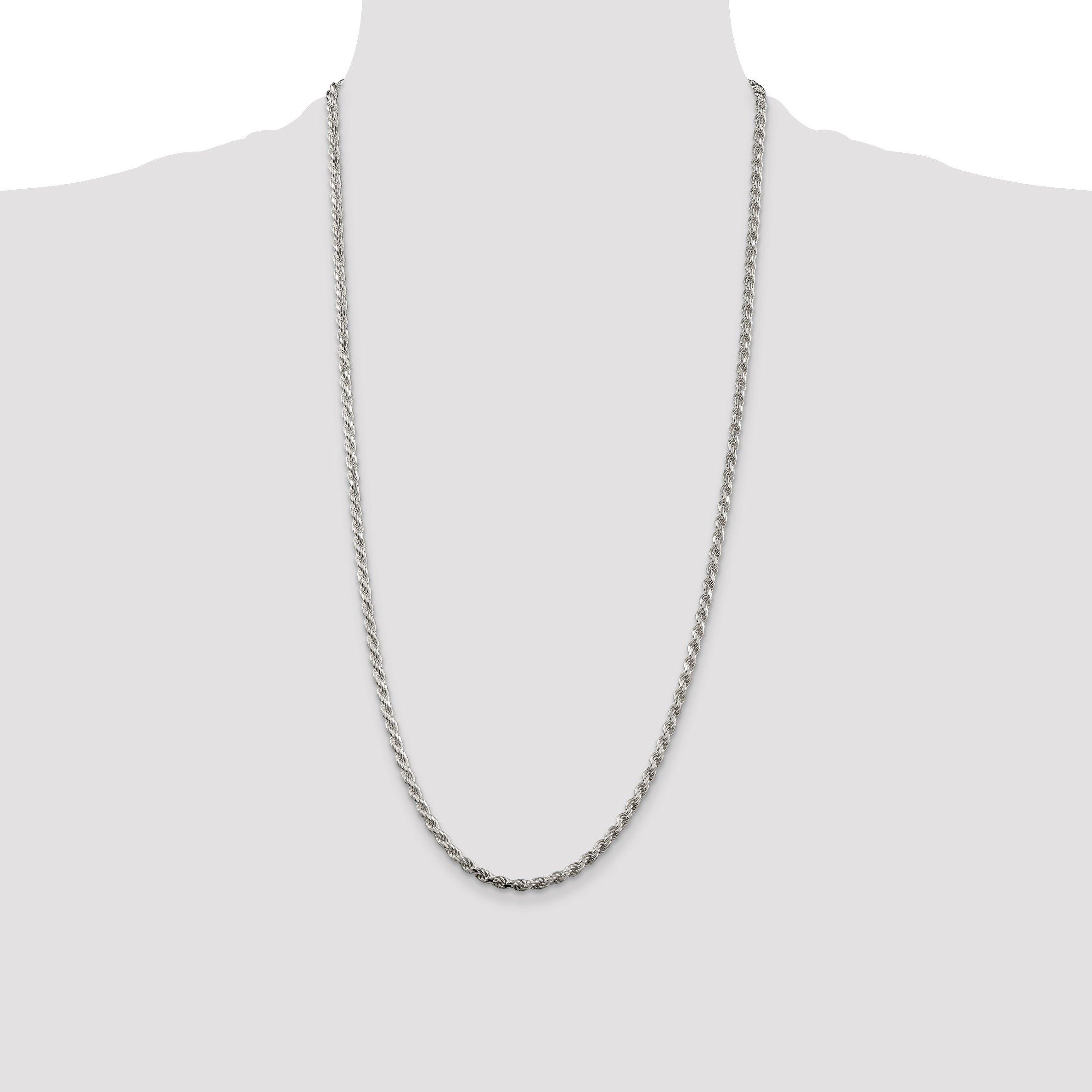 28 Inch Sterling Silver Rhodium-Plated 3.2mm Diamond-Cut Rope Chain Necklace