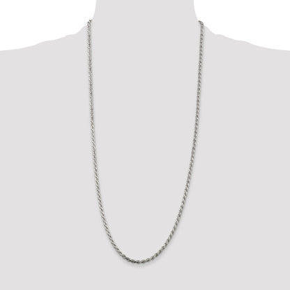 30 Inch Sterling Silver Rhodium-Plated 3.2mm Diamond-Cut Rope Chain Necklace
