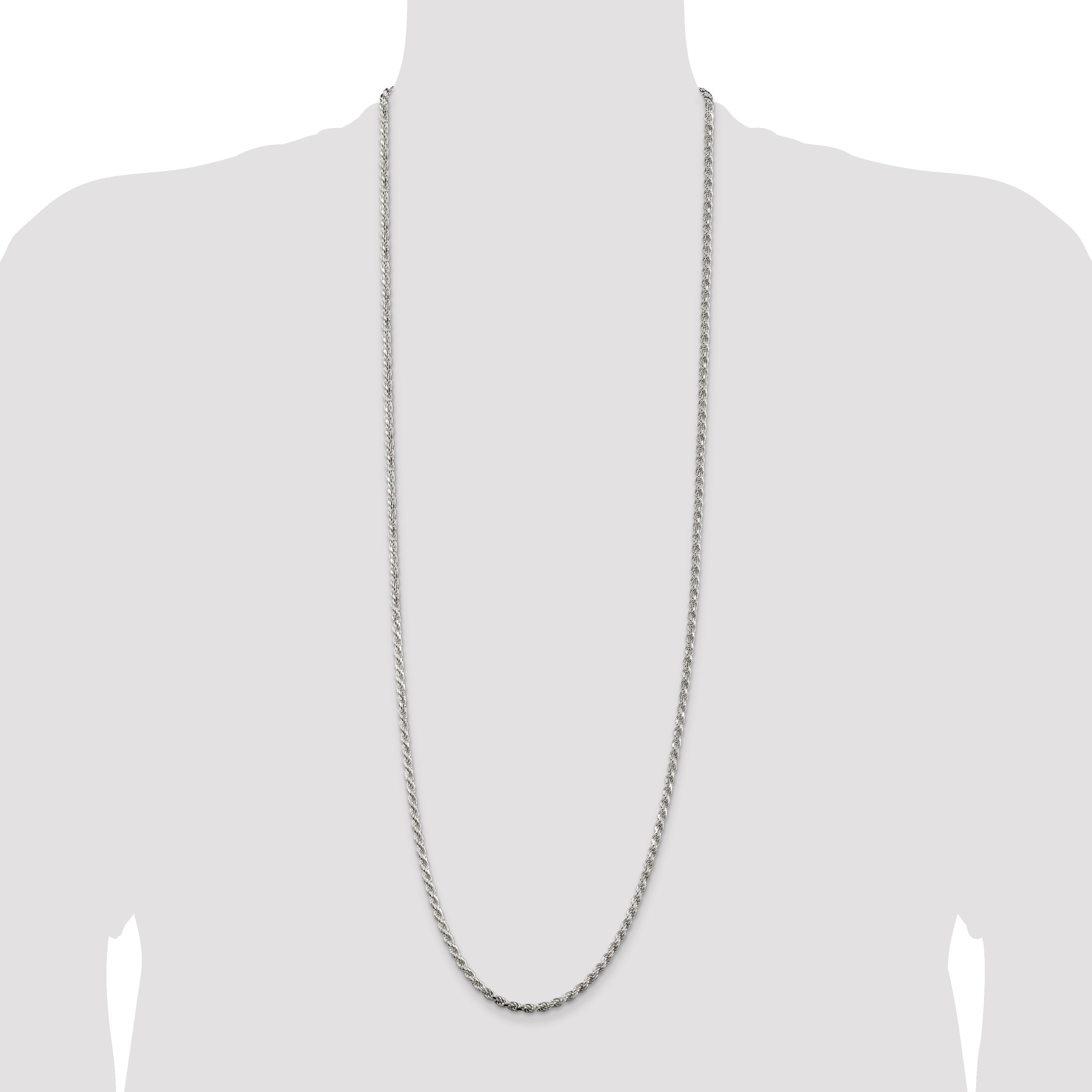 36 Inch Sterling Silver Rhodium-Plated 3.2mm Diamond-Cut Rope Chain Necklace