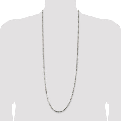 36 Inch Sterling Silver Rhodium-Plated 3.2mm Diamond-Cut Rope Chain Necklace