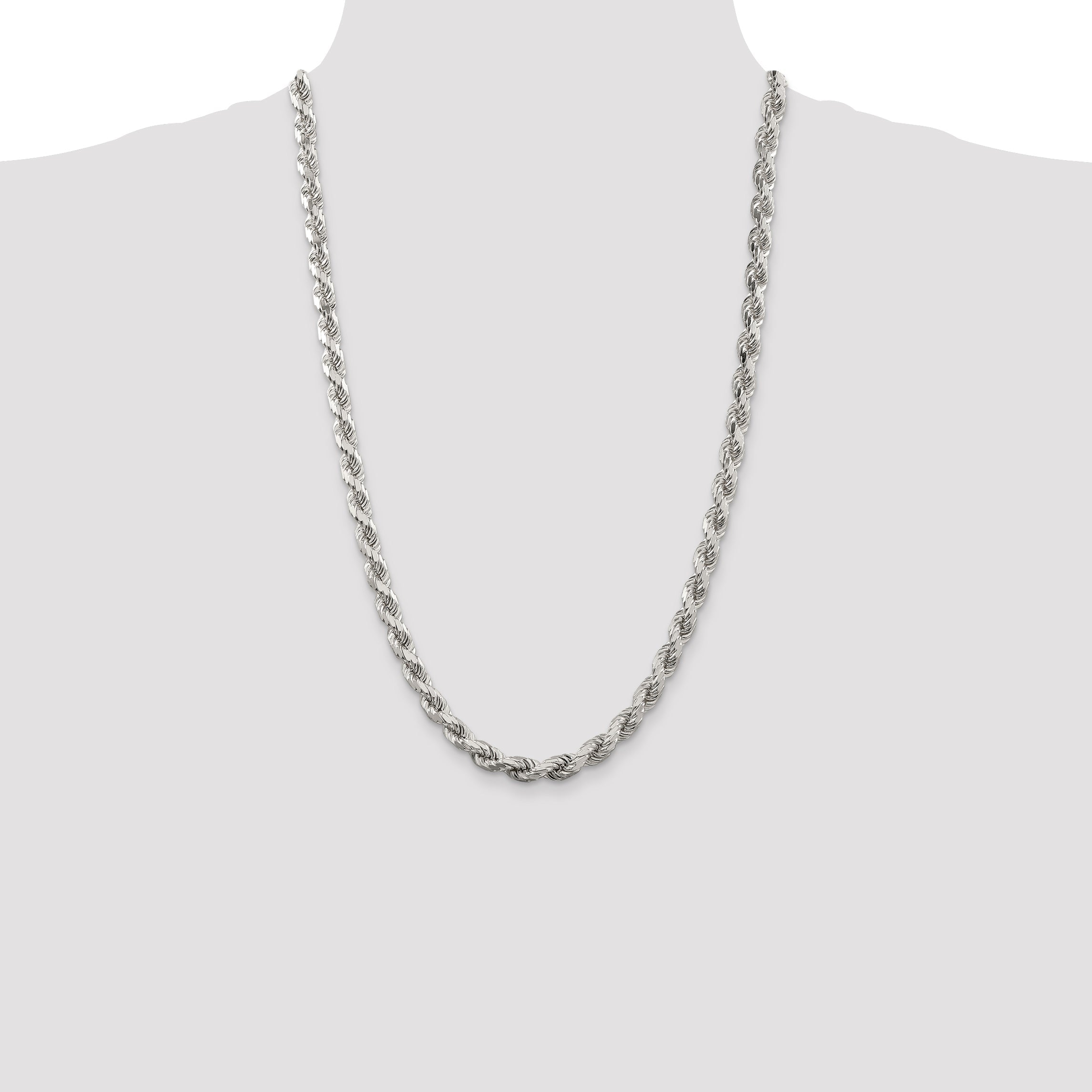 26 Inch Sterling Silver 6.5mm Diamond-Cut Rope Chain Necklace