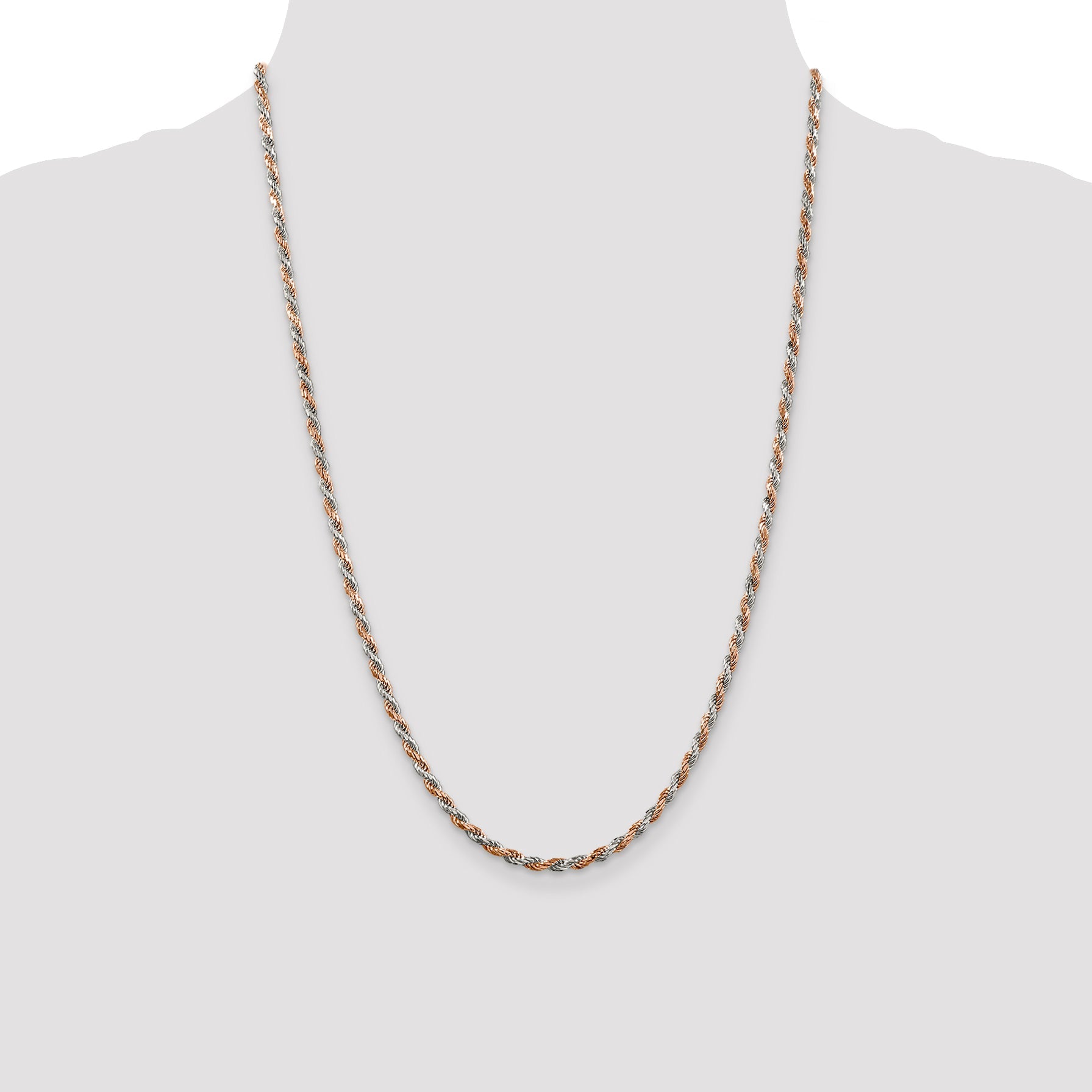 24 Inch Sterling Silver And Rose Vermeil 2.5mm Diamond-Cut Rope Chain Necklace