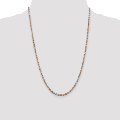 24 Inch Sterling Silver And Rose Vermeil 2.5mm Diamond-Cut Rope Chain Necklace