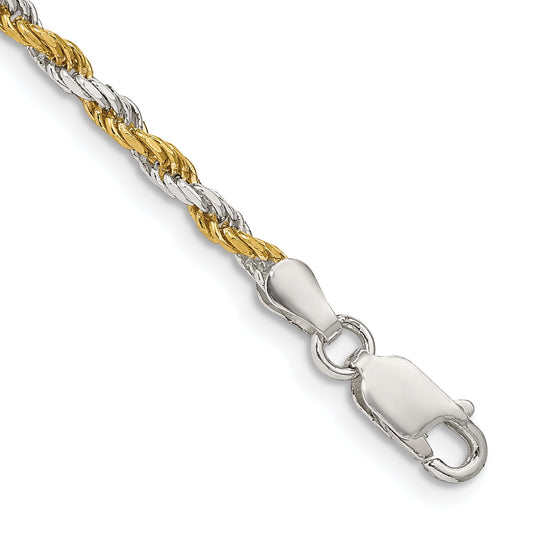 7 Inch Sterling Silver And Vermeil 2.5mm Diamond-cut Rope Chain Bracelet