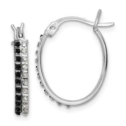 Sterling Silver Diamond Fascination Mystique Platinum-Plated Black And White Oval Hoop Earrings