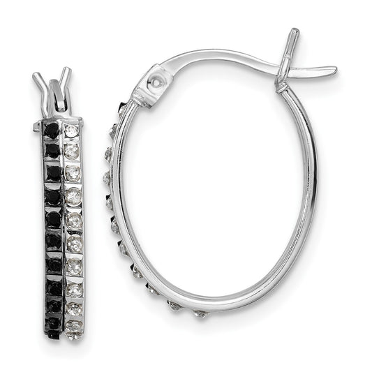 Sterling Silver Diamond Fascination Mystique Platinum-Plated Black And White Oval Hoop Earrings