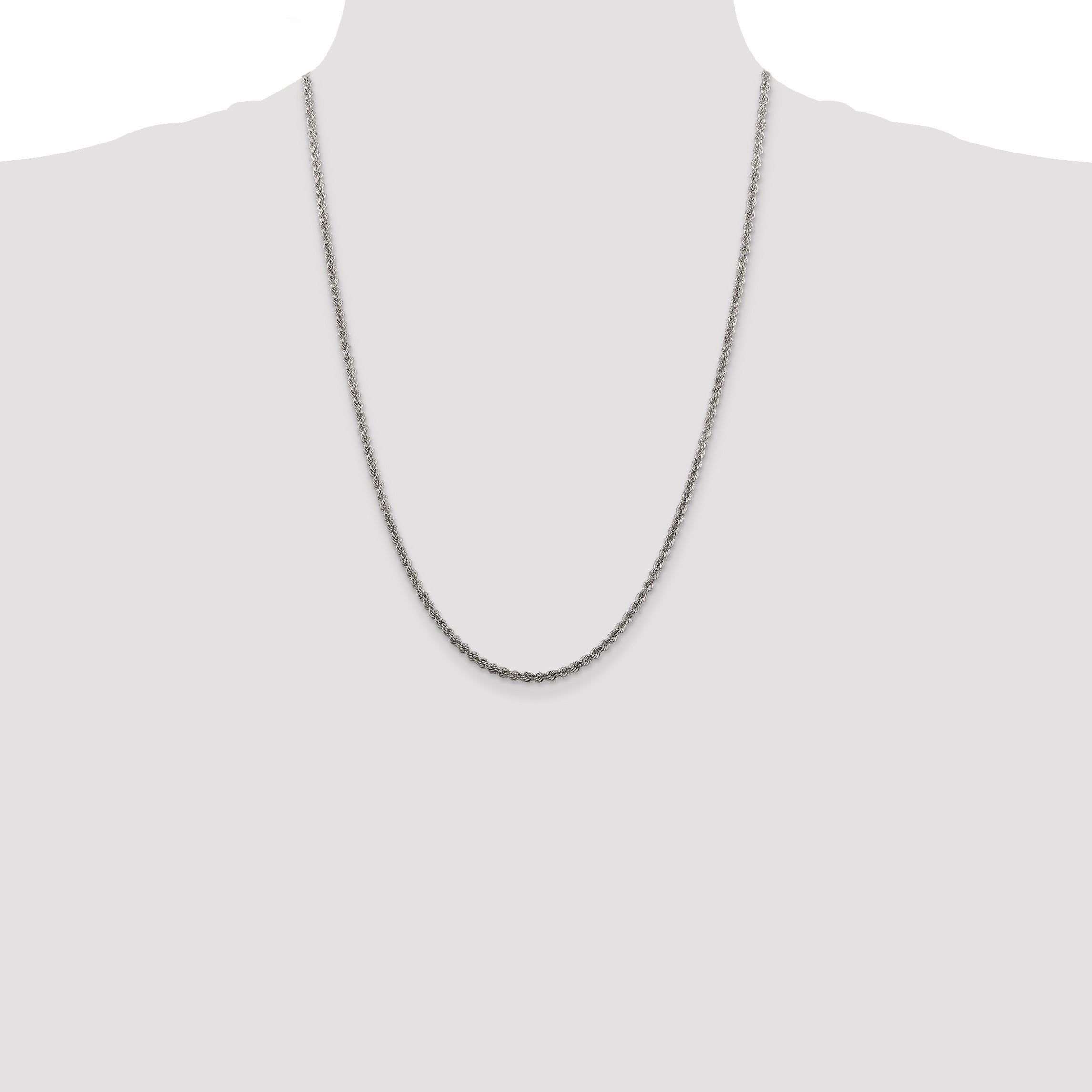 24 Inch Sterling Silver Rhodium-Plated 2.5mm Solid Rope Chain Necklace