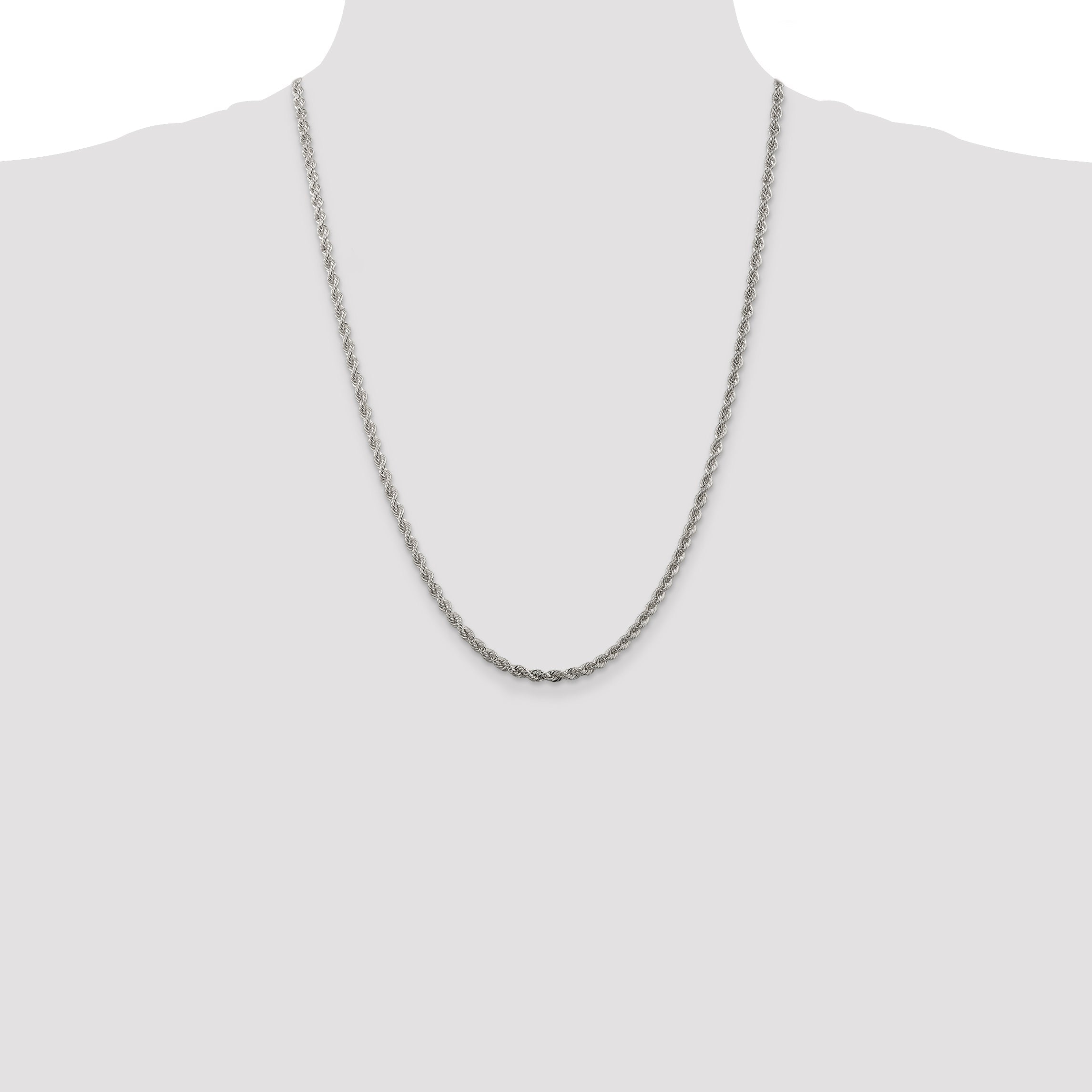 24 Inch Sterling Silver Rhodium-Plated 3mm Solid Rope Chain Necklace
