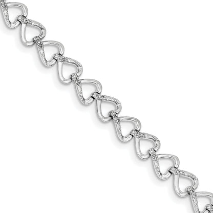 7 Inch Sterling Silver Rhodium-Plated Diam. Hearts Bracelet