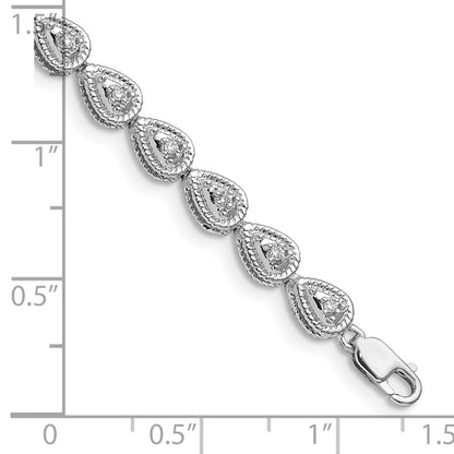 7 Inch Sterling Silver Rhodium Plated Diamond Teardrop Link Bracelet
