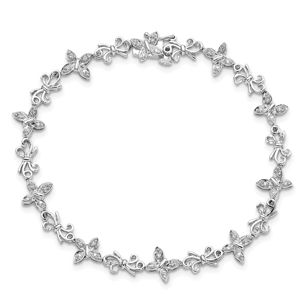 7 Inch Sterling Silver Rhodium-Plated Diamon Butterfly & Bows Bracelet