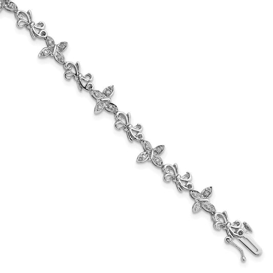 7 Inch Sterling Silver Rhodium-Plated Diamon Butterfly & Bows Bracelet