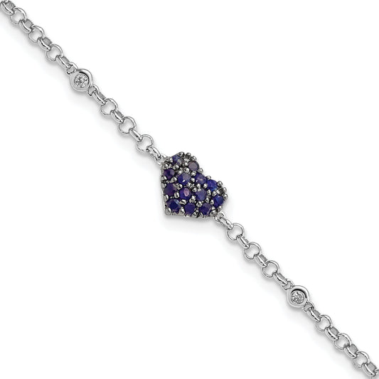 7 Inch Sterling Silver Rhodium Diam. & Sapphire Heart Bracelet