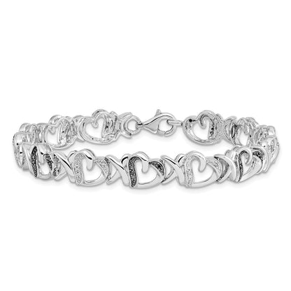Sterling Silver White Night Rhodium-Plated Black And Diamond Heart 7.5 Inch Bracelet