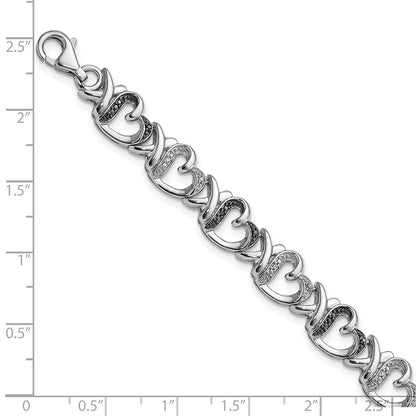Sterling Silver White Night Rhodium-Plated Black And Diamond Heart 7.5 Inch Bracelet